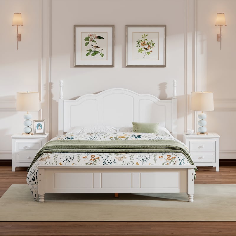 3-Pieces Bedroom Sets, Full/Queen Size Wood Platform Bed & 2 Nightstands, Modern Bed Frame w/ Headboard, Nightstand w/ 2 Drawers - White - Queen