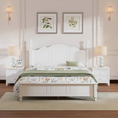 3 Pieces Bedroom Sets, Queen Size Platform Bed Frame with Headboard & 2 Nightstand, Solid Wood Bedroom Furniture Sets, White