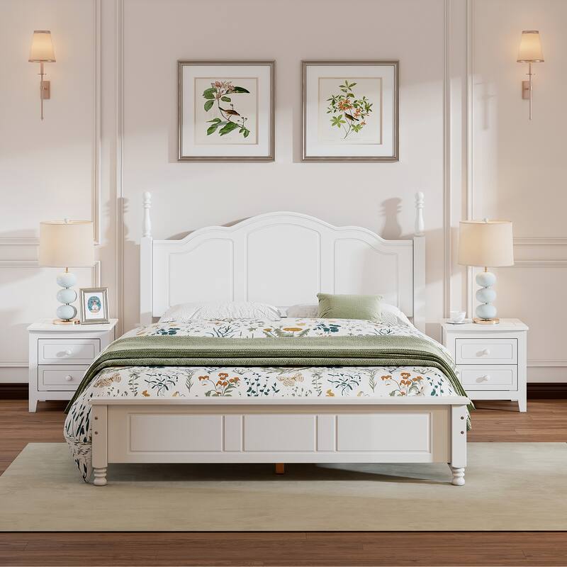 Queen Size Pine 3-Piece Bedroom Set with Platform Bed and 2 Nightstands - White