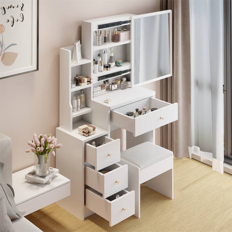 High Capacity Vanity Table with Cushioned Stool and Sliding Mirror