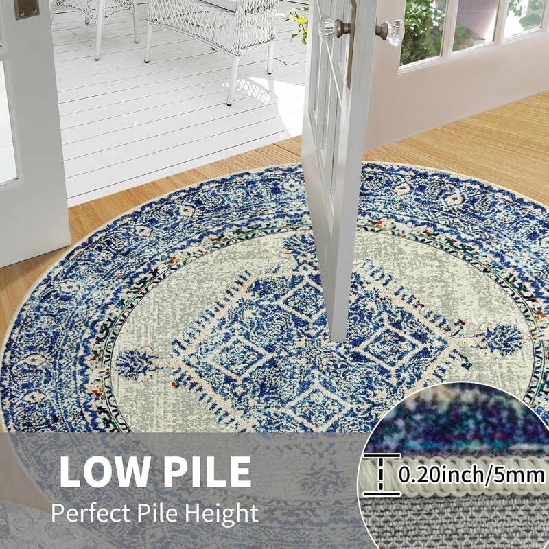 Round Rug 5ft Area Washable Boho Neutral Circle Rugs - 5' (Round)