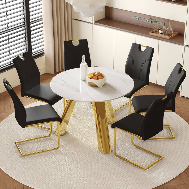 42" Modern Luxury Round Sintered Stone Dining Set Gold Metal Base + 4 Black PU Upholstered Chairs Elegant Contemporary C