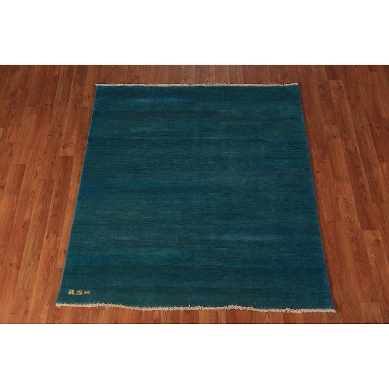 Teal Blue Gabbeh Square Oriental Rug Handmade Wool Carpet - 4'0" x 4'5"