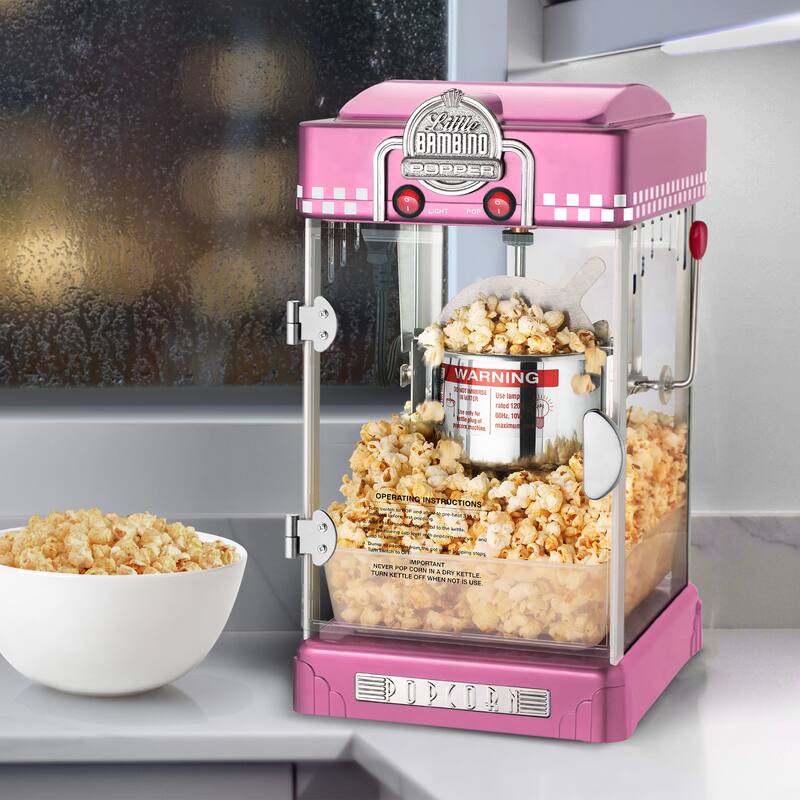 Little Bambino Countertop Popcorn Machine – 2.5oz Kettle with Measuring Spoon, Scoop, and 25 Serving Bags (Pink)