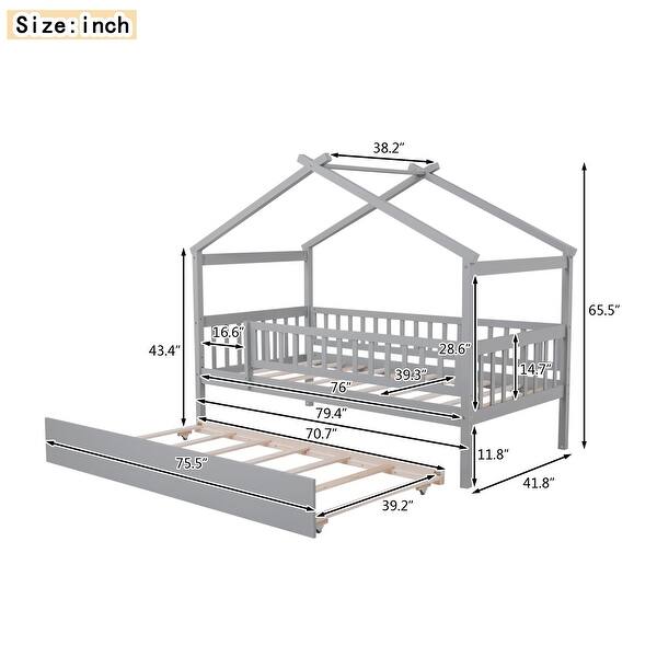 dimension image slide 2 of 8, Pine Wood House Platform Bed with Trundle and Headboards, Creativity House Shape, Sturdy Construction