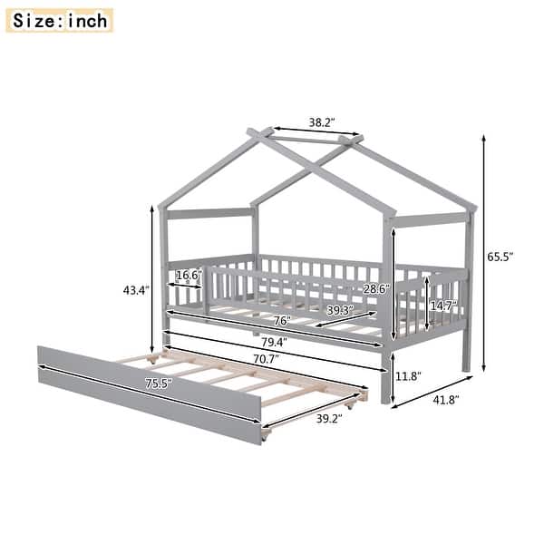 dimension image slide 1 of 3, Twin Size House Bed with Trundle, Wooden Playhouse Kids Bed Frame with Roof and Fence, Montessori Style Bed