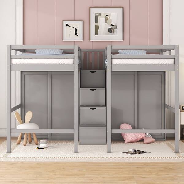 slide 2 of 33, Double Twin Solid Wood Loft Beds with Wardrobes and Staircase Gray - Twin