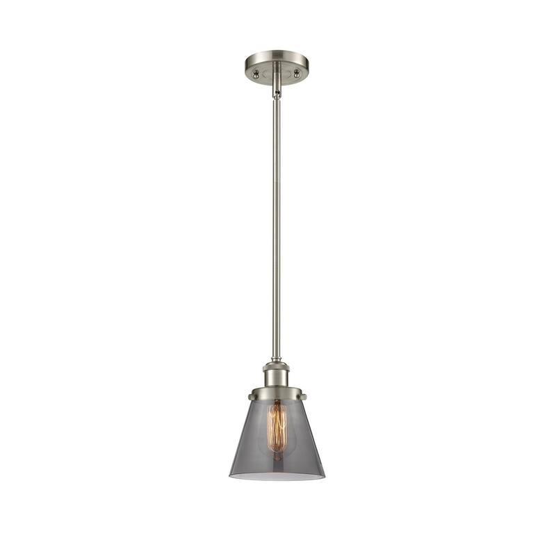 Innovations Lighting Small Cone 6" Wide Mini Pendant - Rod Hung - Brushed Satin Nickel / Plated Smoke