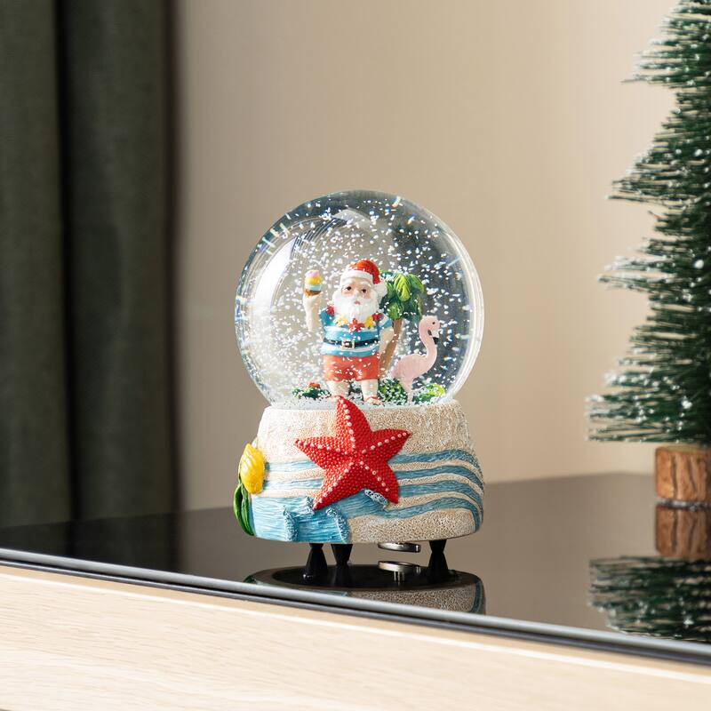 Glitzhome 100mm Christmas Resin Musical Snowflakes Santa on Vacation Waterglobe