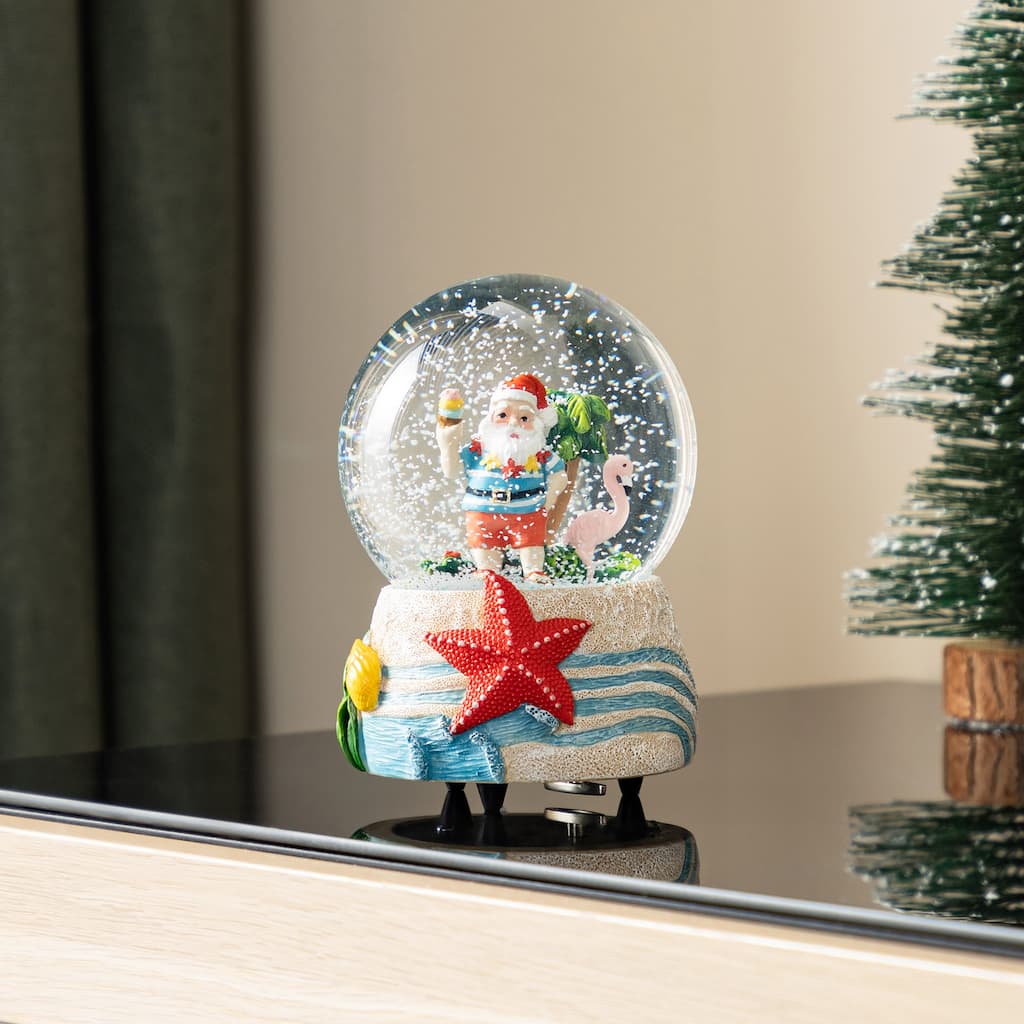 Glitzhome 100mm Christmas Resin Musical Snowflakes Santa on Vacation Waterglobe