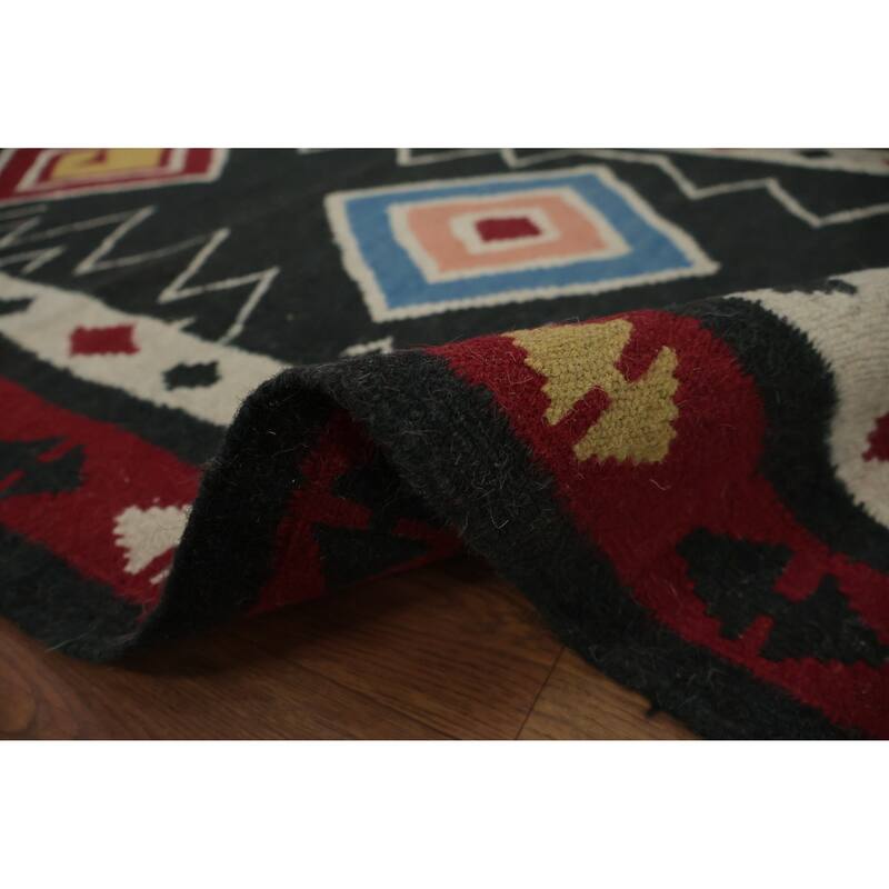 Hand Woven Oriental 100% Wool Carpet Southwestern Tribal Black Kilim Runner Rug - 15' 1'' X 3' 2''