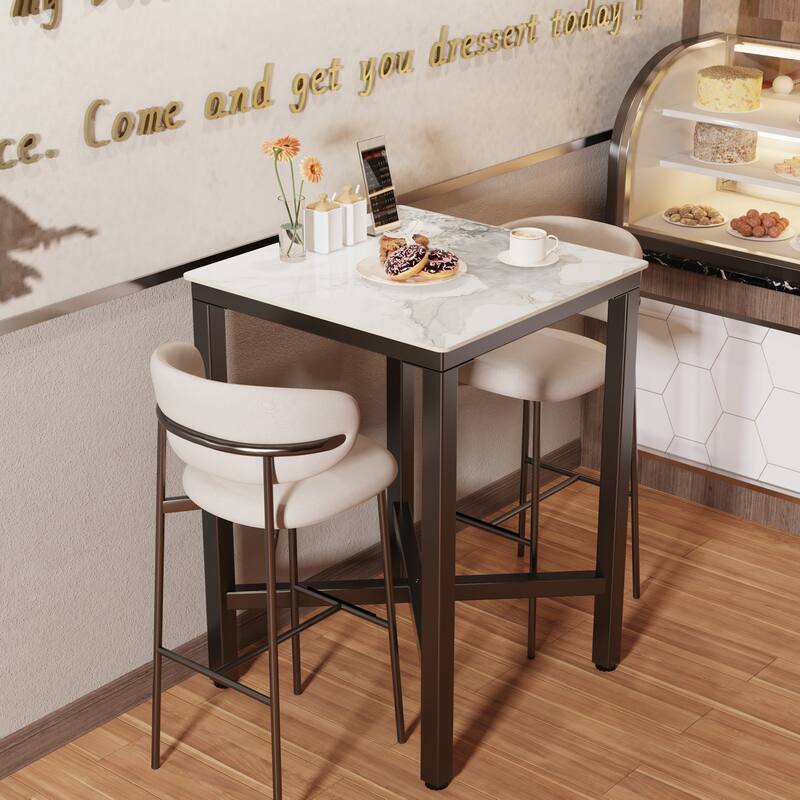 Square Cocktail Pub Bar Table Sintered Stone Tabletop - 28"W x 28"D x 42"H - Glossy Jade/ White