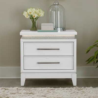 Reflections Pearl White Rhinestone Bedroom Nightstand with Charging Station, Touch LED Lighting
