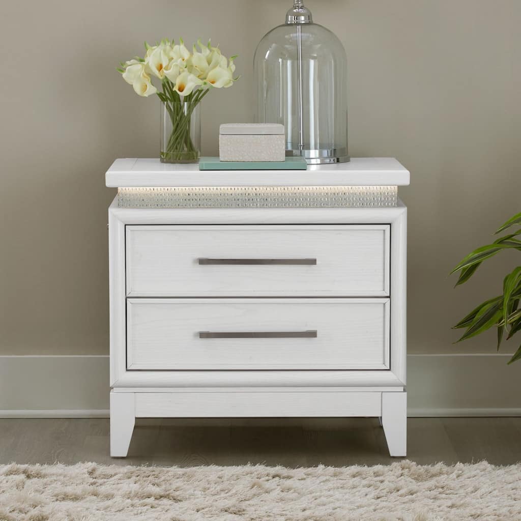 Reflections Pearl White Rhinestone Bedroom Nightstand with Charging Station, Touch LED Lighting