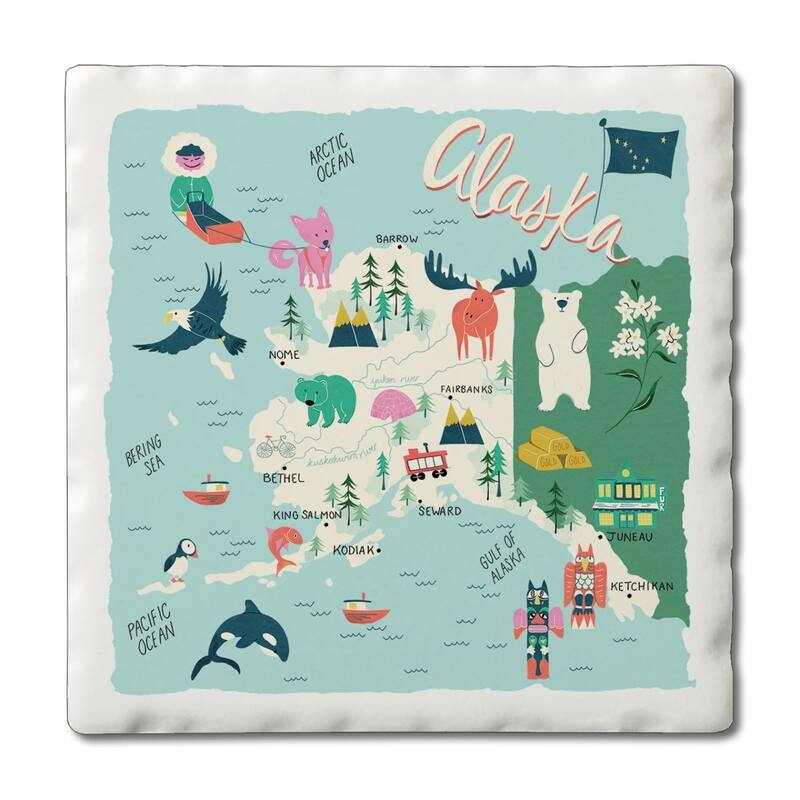 Alaska 4-Pack Absorbent Stone Coasters with Protective Cork Backing 4" Square Made in The USA Easily Wipes Clean - Multi