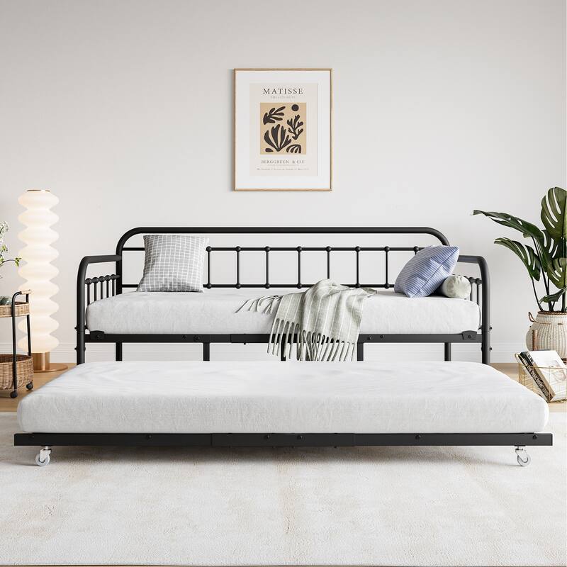 Metal Daybed Frame with Trundle, Heavy Duty Steel Slat Support Sofa Bed