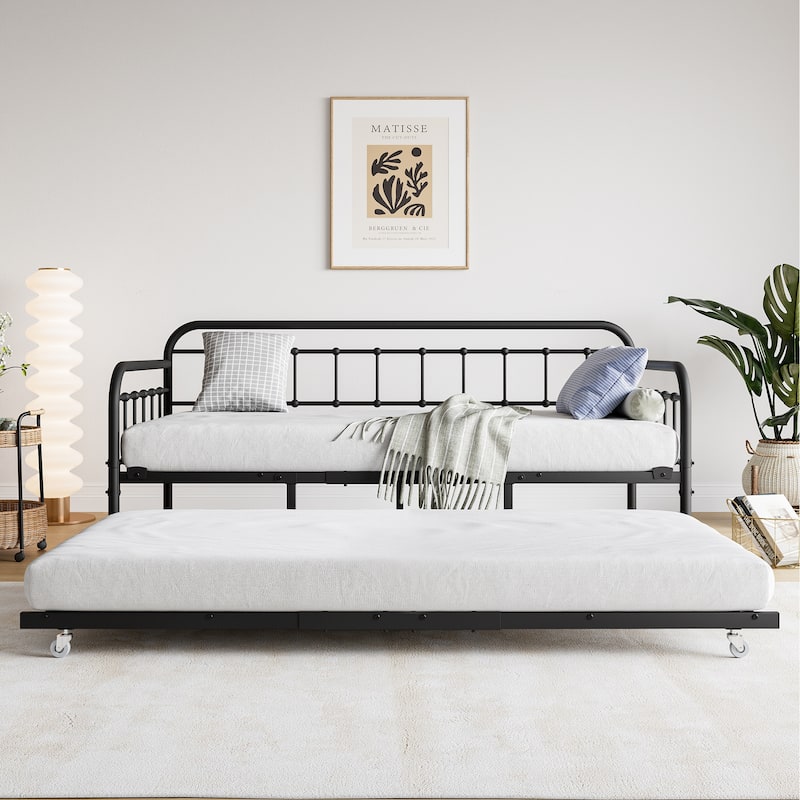 Twin Size Metal Daybed Frame for Bedroom, Pull-Out Trundle Bed with Heavy Duty Steel Slats Supports for Small Apartments