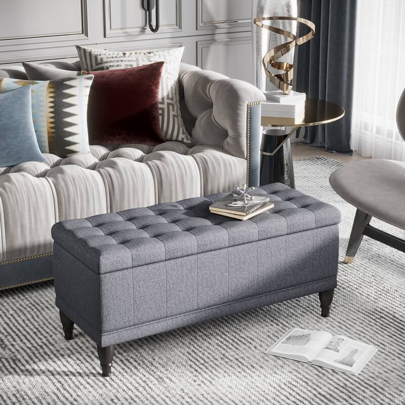 Storage Ottoman, Linen Fabric Button Tufted Storage Bench with Soft Close Lid for Living Room, Entryway or Bedroom