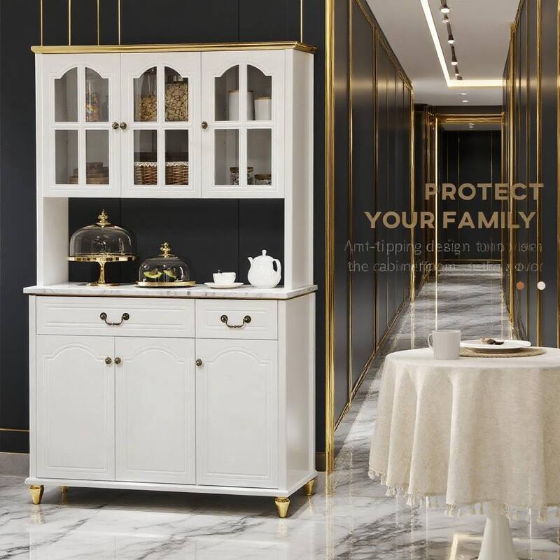 Large Retro Pantry Cabinet with Countertop, Buffet Cabinet,Tall Kitchen Hutch with 2 Drawers, Glass Door for Dining Rooms