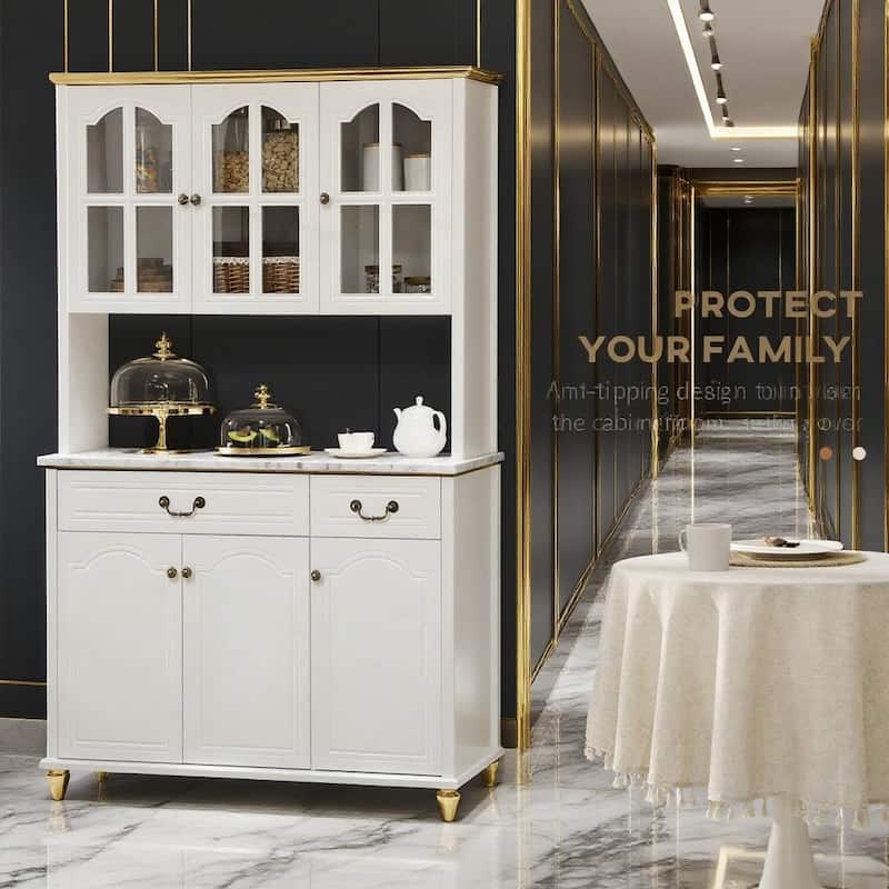 White Kitchen Storage with 6 Doors, 2 Drawers and 3-Level Adjustable Shelves Kitchen Buffet