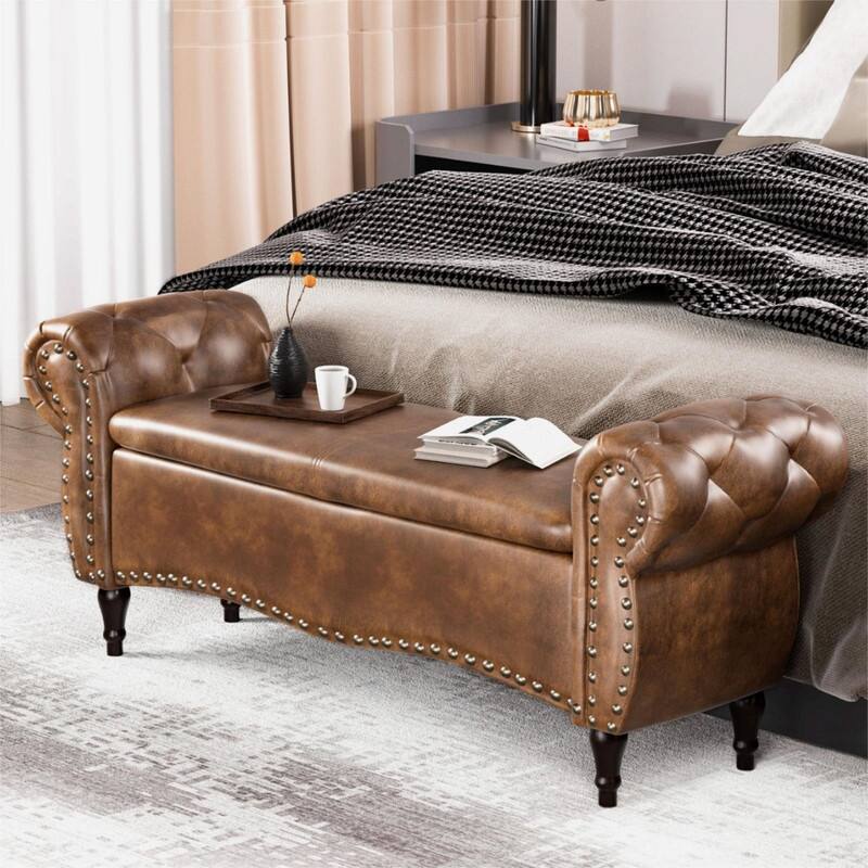 53" Length Upholstered Bench, Ottoman with Safety Hinge and Rolled Arm