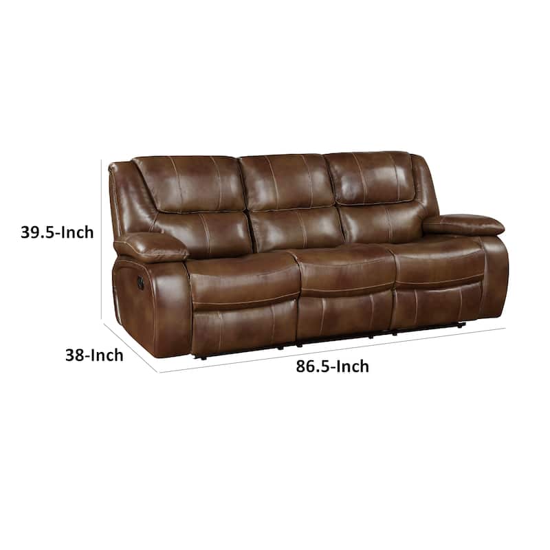 Licot Manual Double Recliner Sofa, Glossy Brown Leather, 87 Inch