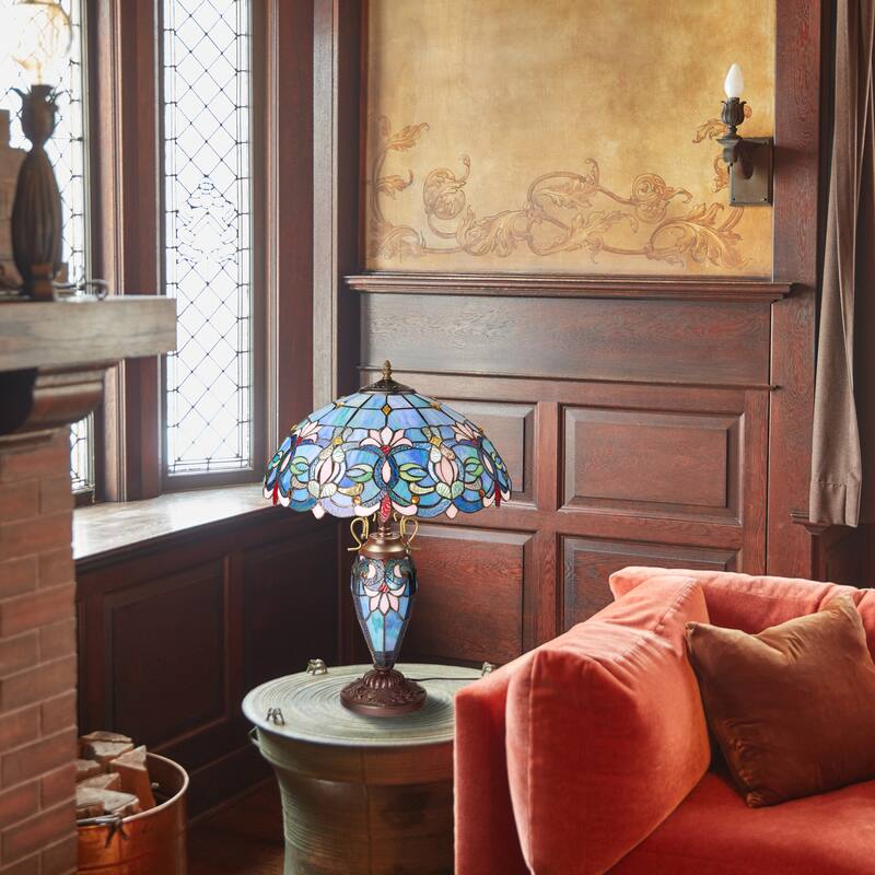 Winslow River of Goods Victorian Double Lit Stained Glass Dome Shade 24.5-Inch Table Lamp - 17.25" x 17.25" x 24.5"