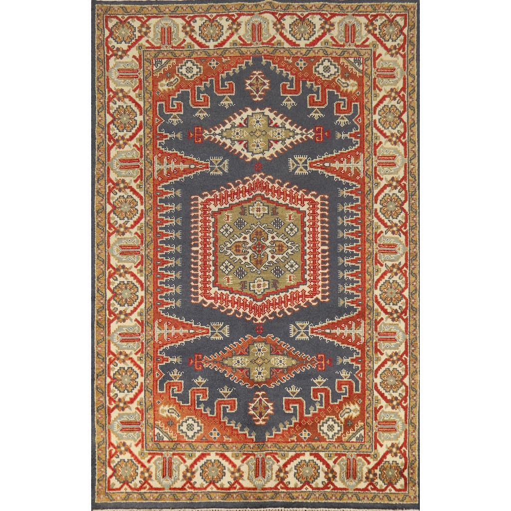 Blue Geometric Viss Indian Area Rug Handmade Wool Carpet - 5'10" x 8'10"