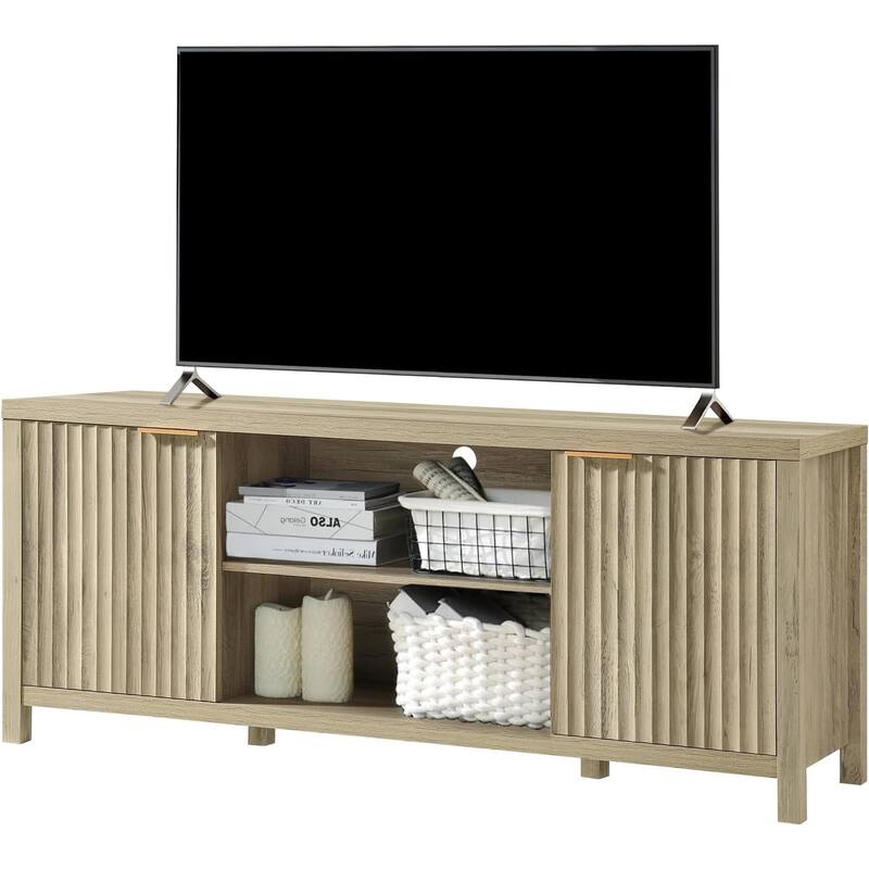 Fluted TV Stand for 65 Inch TV, Modern TV Console Table with Open Shelves & 2 Storage Cabinets, Entertainment Center - natural