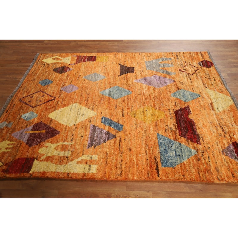 Orange Tribal Moroccan Oriental Rug Handmade Wool Carpet - 5'5" x 6'3"