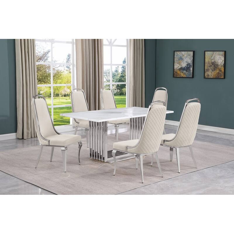 Best Quality Furniture D310/1-SC310-7 Dining Set with 68" White Marble Top - 7-Piece - Cream / Silver