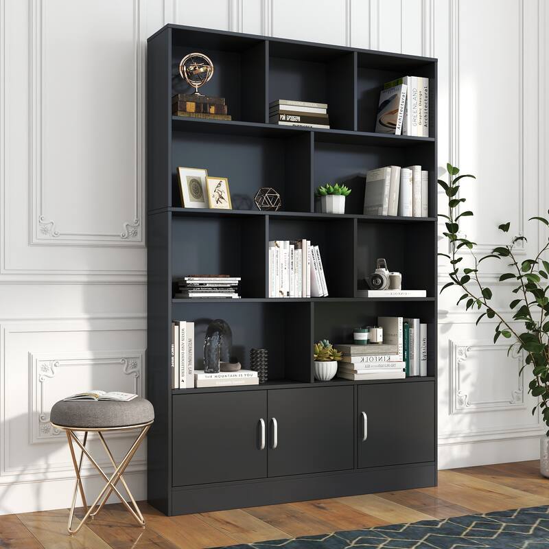 Anmytek 70.87" Modern Cube Bookshelf with 10 Open Shelves & 3 Doors, Storage Bookcase Cabinet for Living Room Office