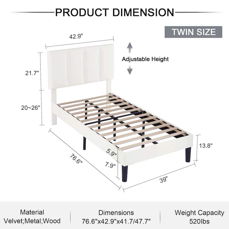Javlergo Velvet Upholstered Platform Bed Frame with Adjustable Headboard