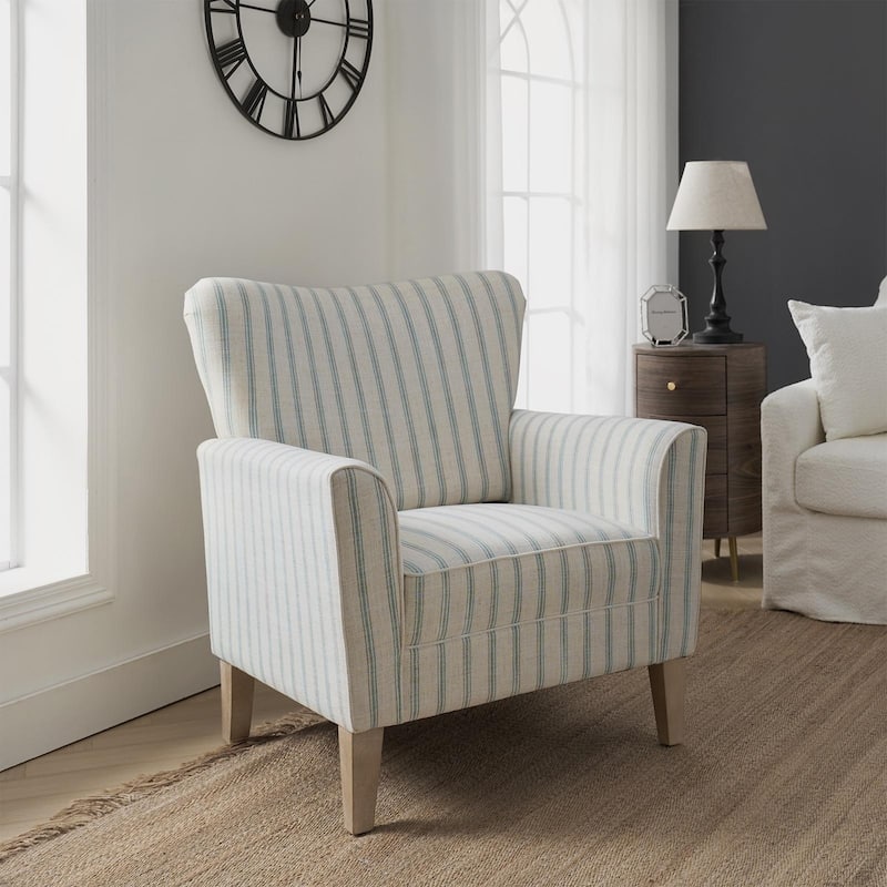 Warren Farmhouse Striped Wingback Chair with Solid Wood Legs by HULALA HOME