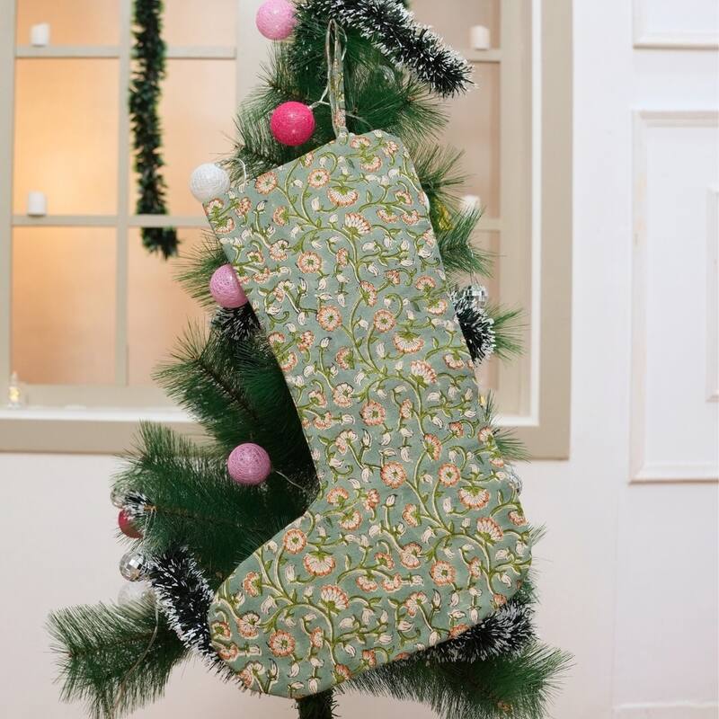 Fabdivine Linen or Cotton Hand Block Home Decorative Christmas Stockings - 16"X6.5"