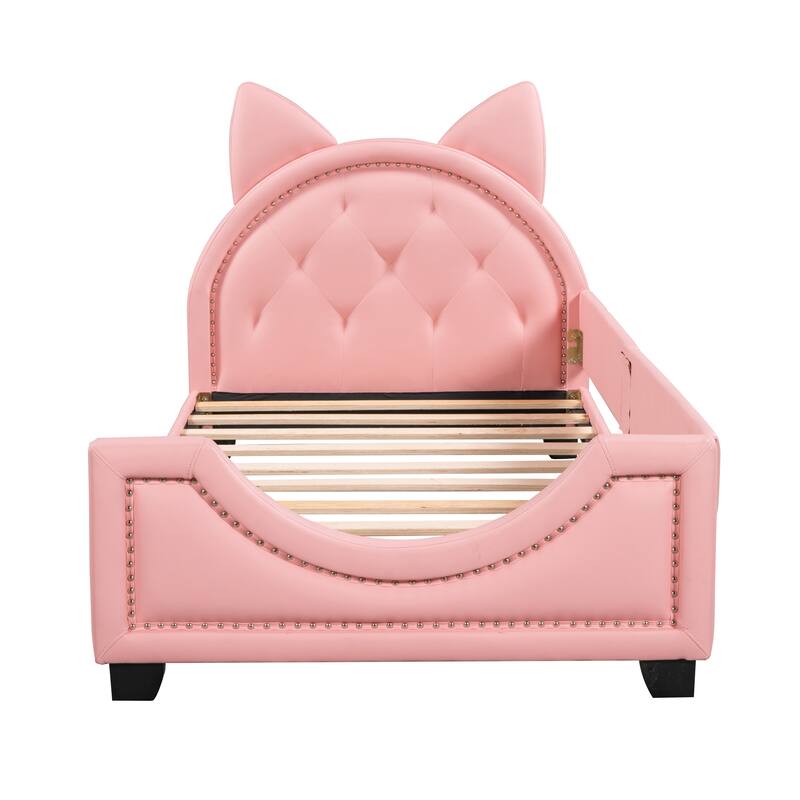 Twin Size Upholstered Daybed With Carton Ears Shaped Headboard, Pink