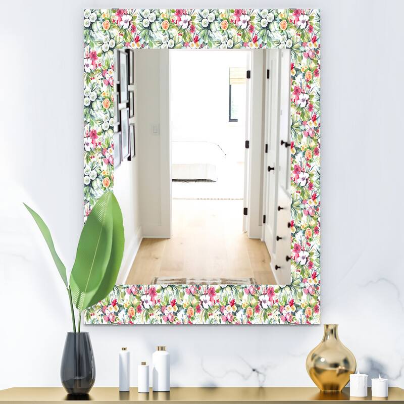 Designart 'Green Flowers 6' Traditional Mirror - Vanity Printed Mirror - 23.7 in. wide x 31.5 in. high