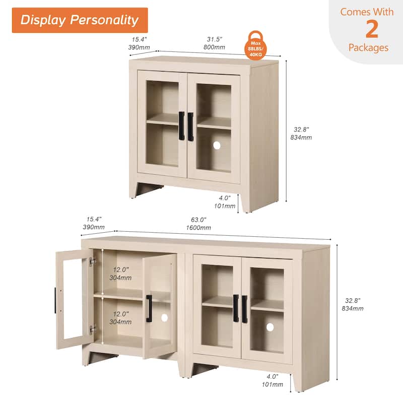 WAMPAT Modern Farmhouse TV Stand, Entertainment Center with Tempered Glass Doors & Adjustable Shelves