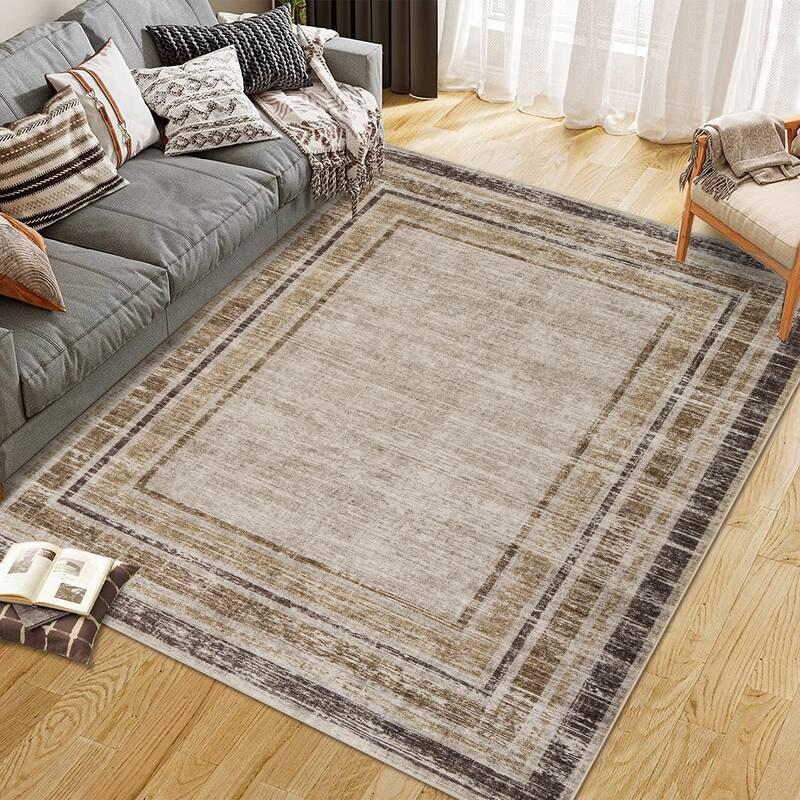 Washable Area Rugs for Living Room, Soft Modern Bordered Rug Non Slip Low Profile Carpets for Bedroom Dining Room