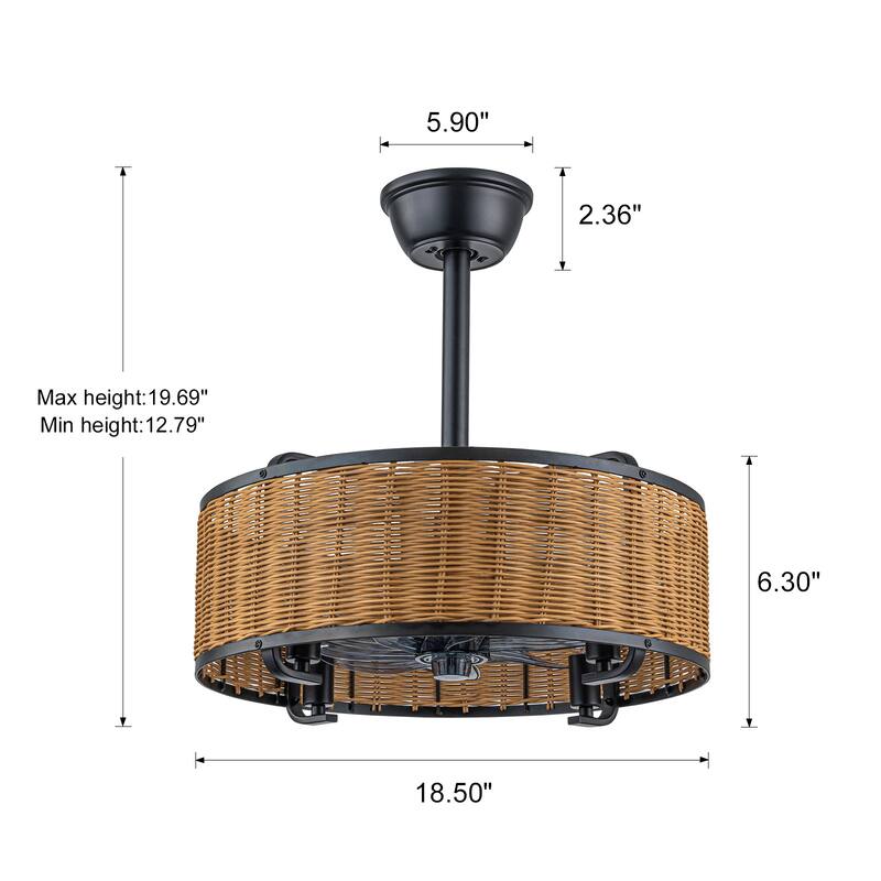 18.5 in. Farmhouse Rattan Ceiling Fan Chandelier with Remote - Black