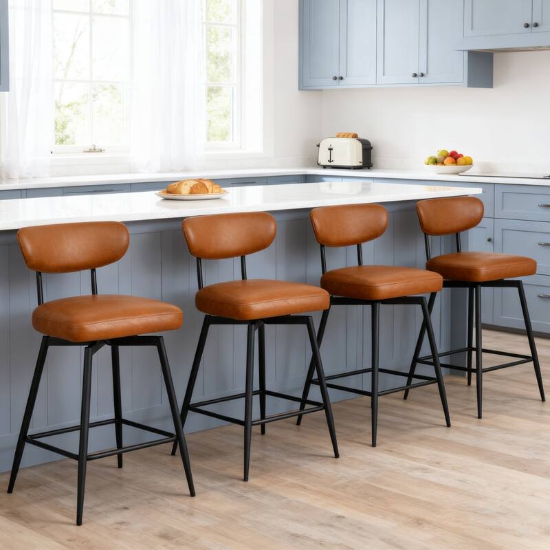 Modern Nearly 26" H Swivel Faux Leather Counter Height Bar Stools - Set of 4 - Brown