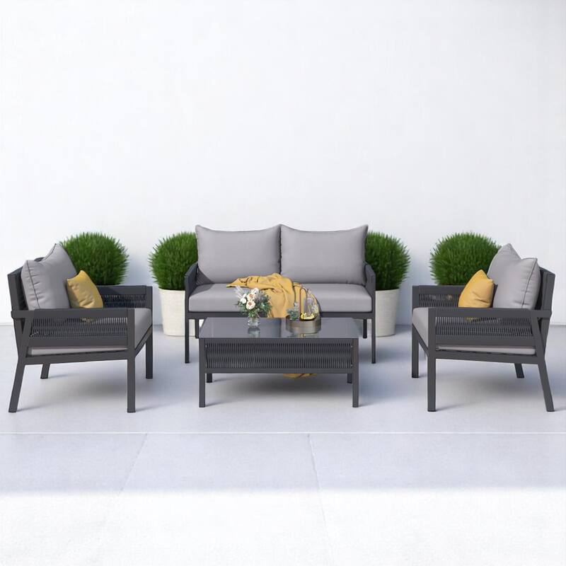 4-Piece Boho Patio Furniture Set with outdoor sofa Handmade Rope Weave,Tempered Glass Table, and Cushions-Patio Conversation Set