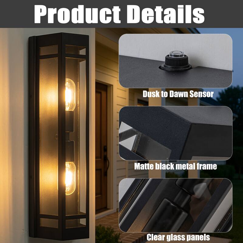 2-Light H20" Modern Black Outdoor Wall Light with Dusk-to-Dawn Sensor Front Door Garage Exterior Lighting Fixture - W6''