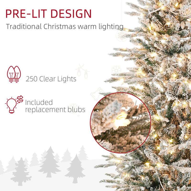 HOMCOM Pre-Lit Artificial Christmas Tree - Snow Flocked Branches, Warm Yellow Lights, Auto Open, Extra Bulb - Green