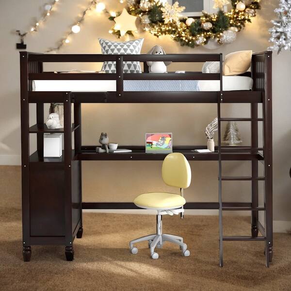 slide 2 of 15, Twin Size Wooden Loft Bed With Drawers And Desk,Shelves,Solid Construction Espresso
