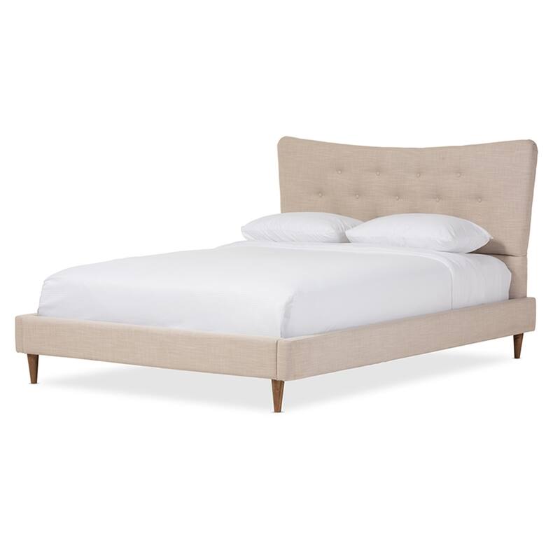 Mid-Century Modern Platform Bed - Rubberwood Frame, Beige Finish, Stylish Bedroom Furniture