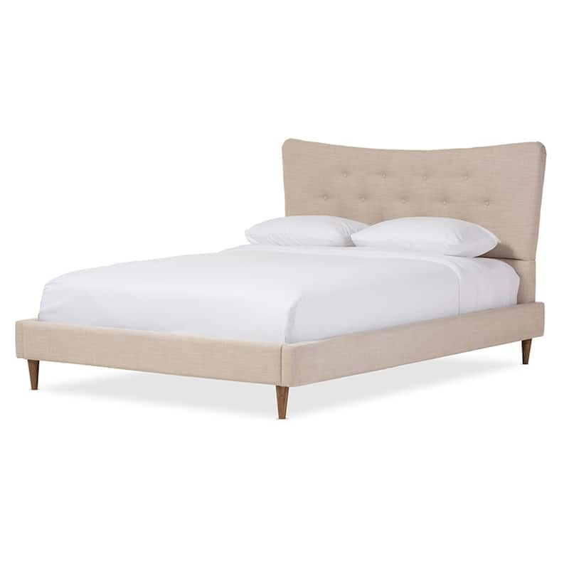 Mid-Century Platform Bed - Beige Linen Upholstery - Modern Low Profile Bed for Bedroom - Solid Wood Frame