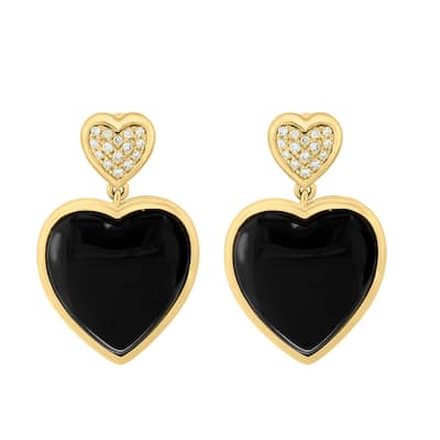 EFFY 14K Yellow Gold Diamond Onyx Heart Drop Earrings