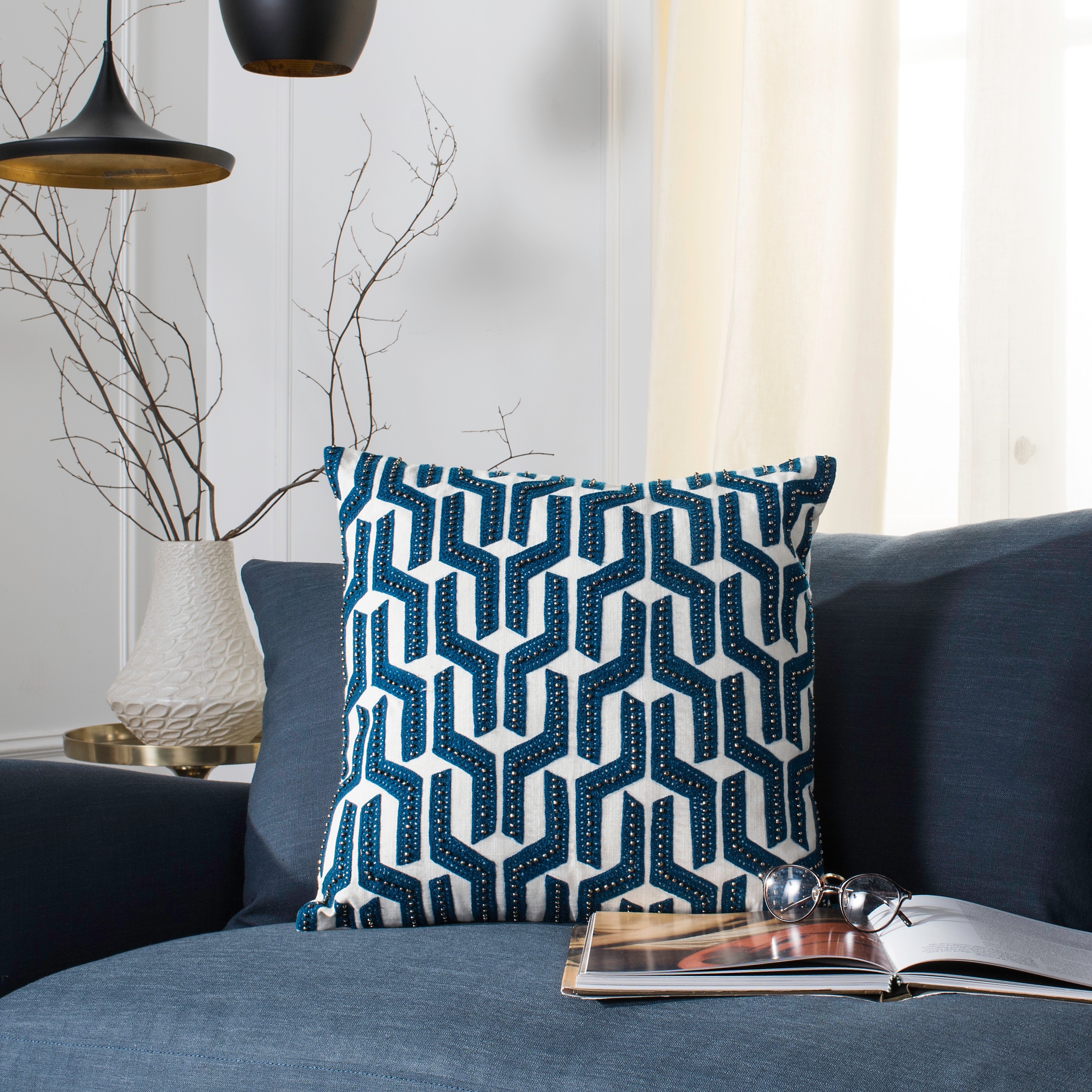 SAFAVIEH Genka Glam Cotton Geometric Throw Pillow, 20-Inch, Navy