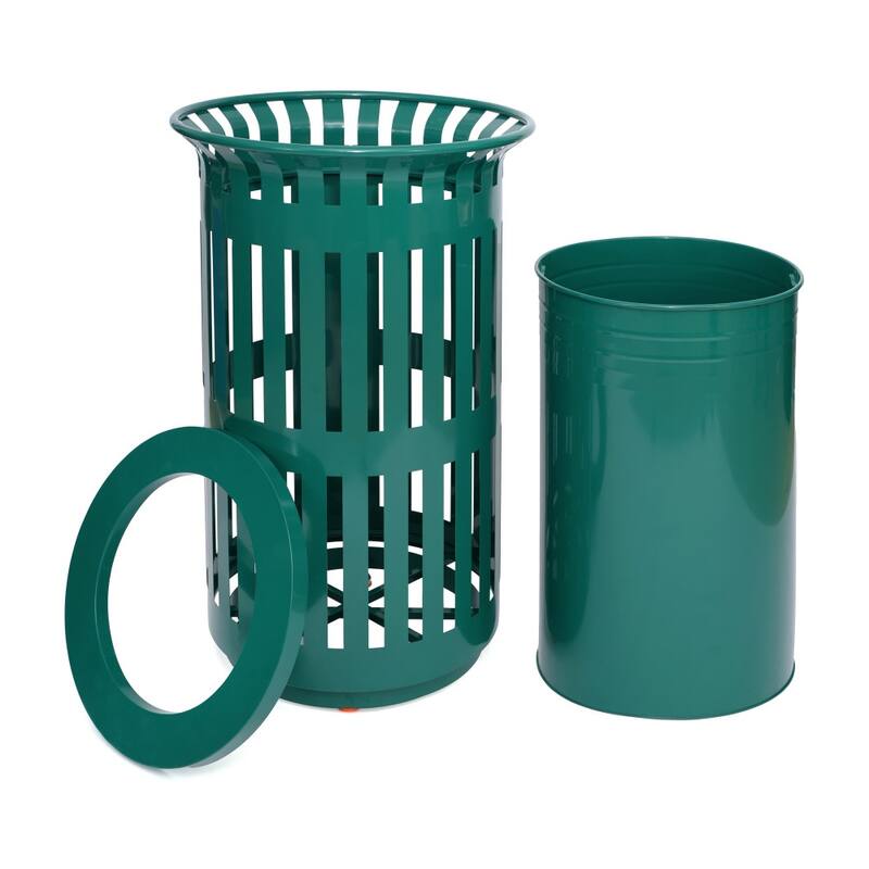 Commercial Outdoor Slatted Steel Trash Can with Inner Bin